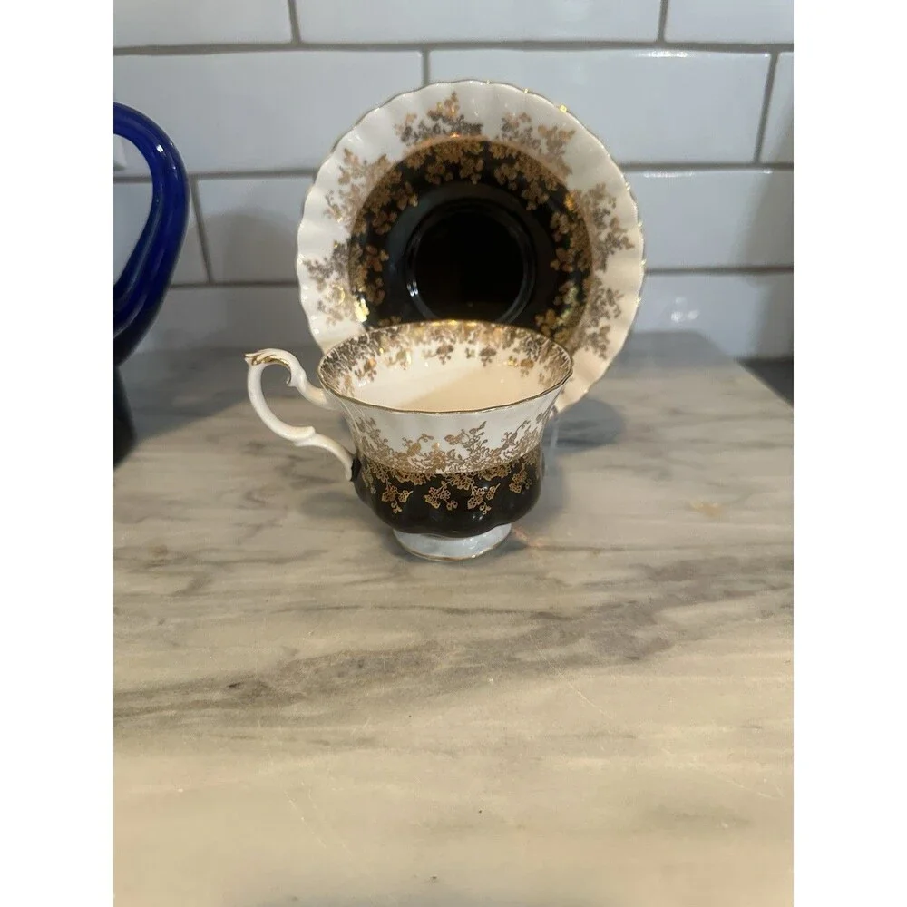 ROYAL ALBERT “Regal Series” Black White & Gold Bone China Footed Cup And Saucer